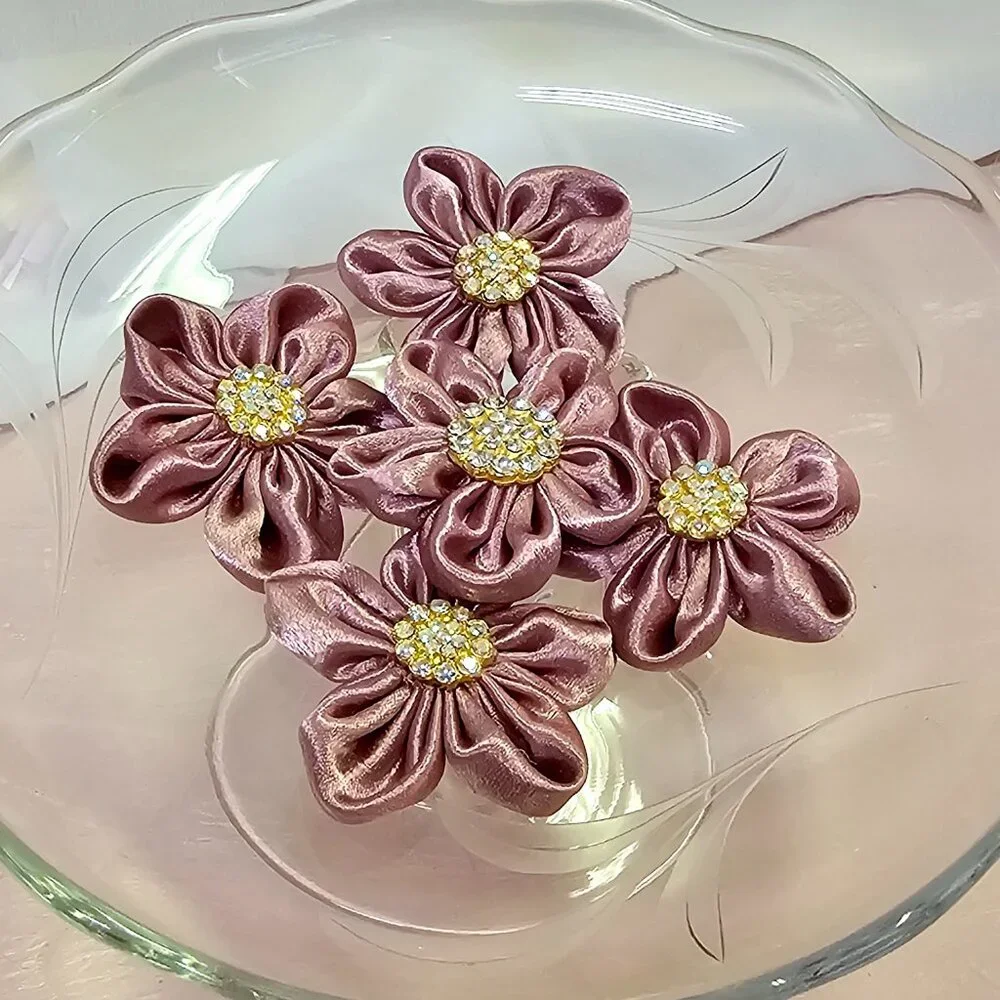 5pc Satin Sparkle Fabric Flower Set with Rhinestone Centers, Dusty Rose